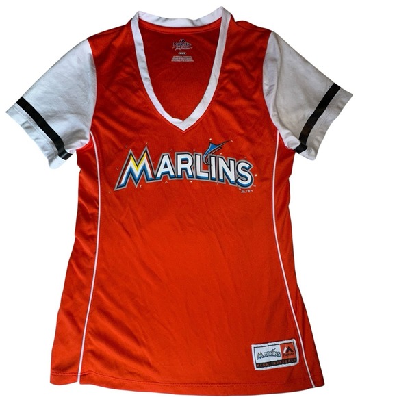 Women's Majestic MLB Orange and White Marlins Baseball Jersey - Size‎ Medium - Picture 1 of 7